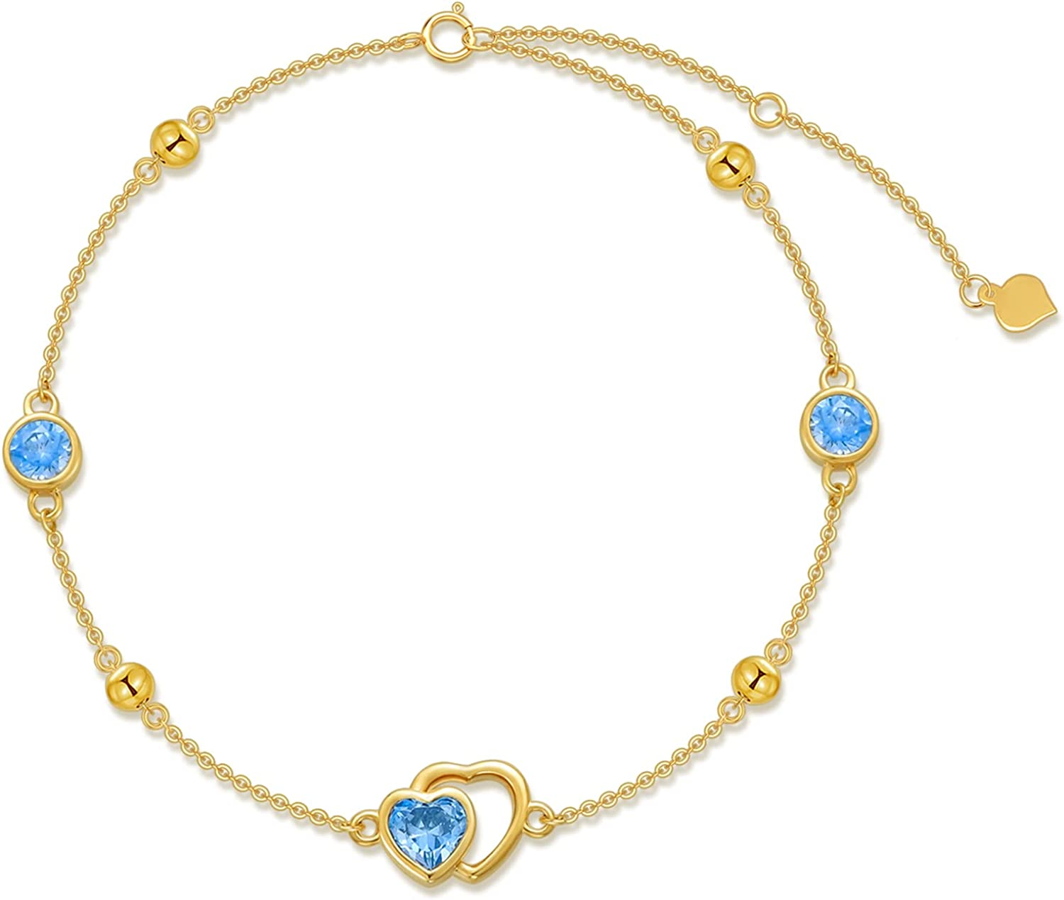 14k Yellow Gold Heart Bracelet Cubic Zirconia Bracelet Women's Gold Beaded Bracelet 6.5+1+1", 6.5+1+1 inch, Cubic Zirconia