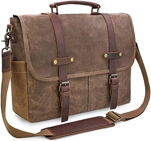 Men's Messenger Bag Waterproof Vintage Leather Waxed Canvas Briefcase Large Shoulder Bag Shoulder Bag Solid